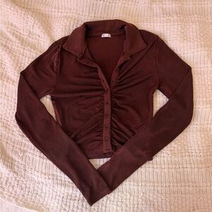 Button-Front Long Sleeve Top in Deep Brown